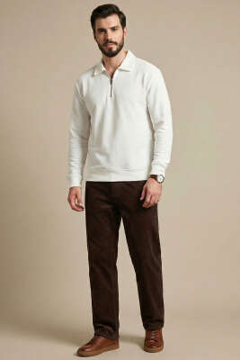 Polo Yaka Yatay Fitilli Erkek Sweatshirt Beyaz - Erkek Sweatshirt