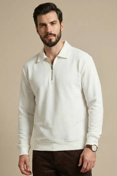 Polo Yaka Yatay Fitilli Erkek Sweatshirt Beyaz - Erkek Sweatshirt
