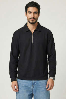 Polo Yaka Yatay Fitilli Erkek Sweatshirt Siyah - Erkek Sweatshirt