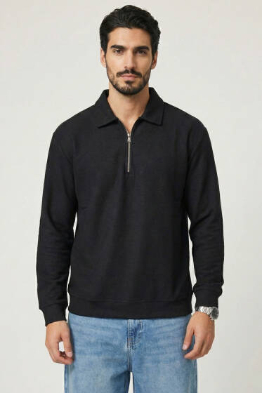 Polo Yaka Yatay Fitilli Erkek Sweatshirt Siyah - Erkek Sweatshirt