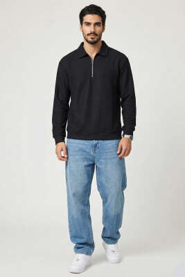 Polo Yaka Yatay Fitilli Erkek Sweatshirt Siyah - Erkek Sweatshirt