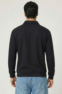 Polo Yaka Yatay Fitilli Erkek Sweatshirt Siyah - Erkek Sweatshirt