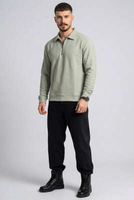 Polo Yaka Yatay Fitilli Erkek Sweatshirt Yeşil - Erkek Sweatshirt