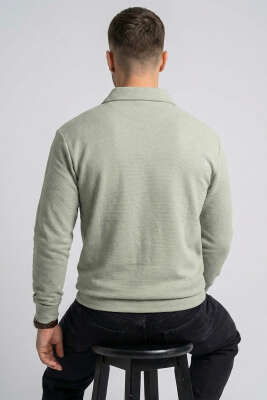Polo Yaka Yatay Fitilli Erkek Sweatshirt Yeşil - Erkek Sweatshirt