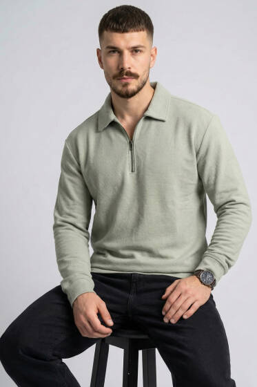 Polo Yaka Yatay Fitilli Erkek Sweatshirt Yeşil - Erkek Sweatshirt