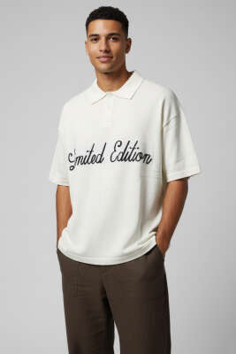 Polo Yaka Yazılı Erkek Triko T-shirt Kemik - DEEP POİNT