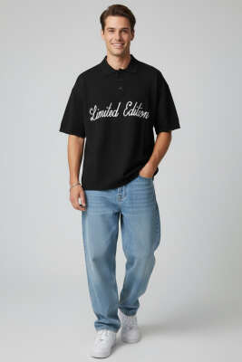 Polo Yaka Yazılı Erkek Triko T-shirt Siyah - Erkek T-shirt