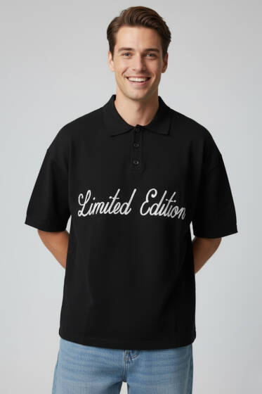 Polo Yaka Yazılı Erkek Triko T-shirt Siyah - Siyah Polo Yaka Tişört
