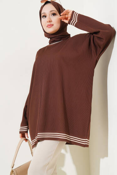 Polyelit Çizgi Detaylı Tunik Kahve - Tunik
