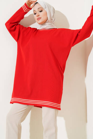 Polyelit Çizgi Detaylı Tunik Kırmızı - Tunik