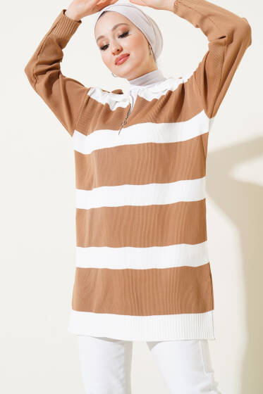 Polyelit Çizgili Fermuarlı Tunik Bisküvi - Tunik