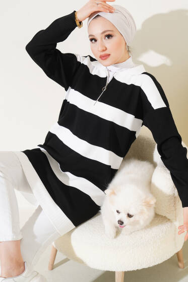 Polyelit Çizgili Fermuarlı Tunik Siyah - Tunik