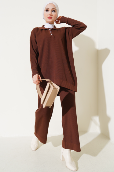Polyelit Gömlek Yaka İkili Takım Kahve - İkili Takım