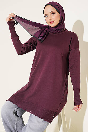 Polyelit Yaka Detaylı Triko Tunik Mürdüm - Triko Tunik