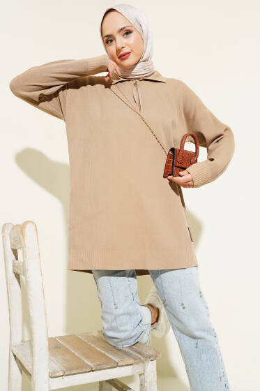 Polyelit Yarım Fermuarlı Basic Tunik Bisküvi - Tunik
