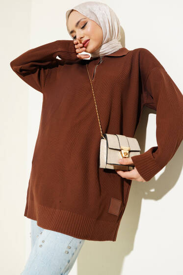 Polyelit Yarım Fermuarlı Basic Tunik Kahve - Tunik