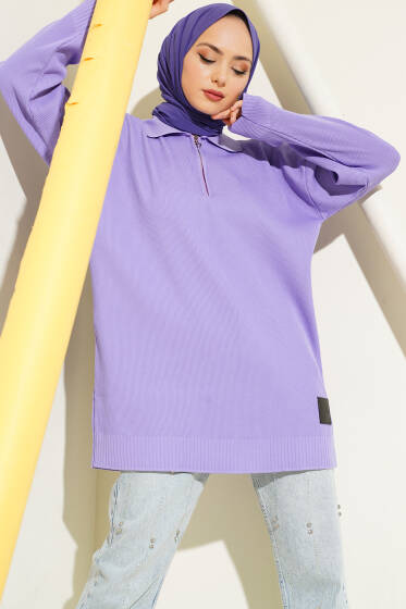 Polyelit Yarım Fermuarlı Basic Tunik Lila - Tunik