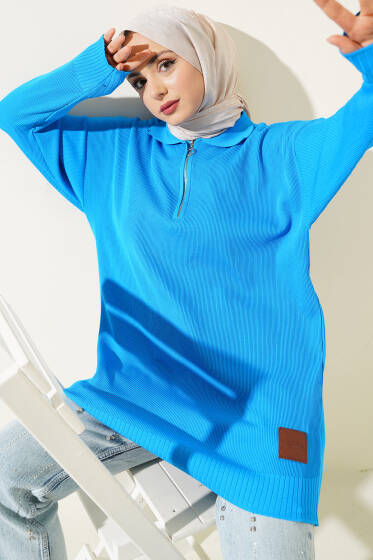 Polyelit Yarım Fermuarlı Basic Tunik Mavi - Tunik