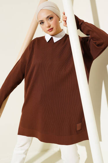Polyelit Yırtmaçlı Tunik Kahve - Tunik
