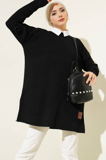 Polyelit Yırtmaçlı Tunik Siyah - Tunik