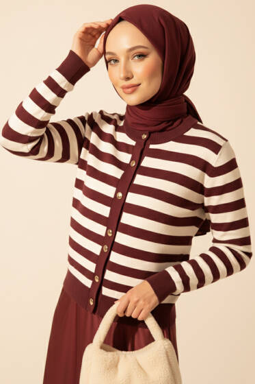 Polyemid Çizgili Triko Hırka Mürdüm - Hırka