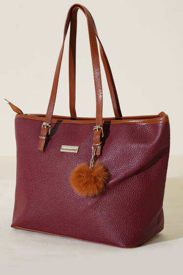 Ponpon Aksesuarlı Kol Çantası Bordo - Kol Çantası