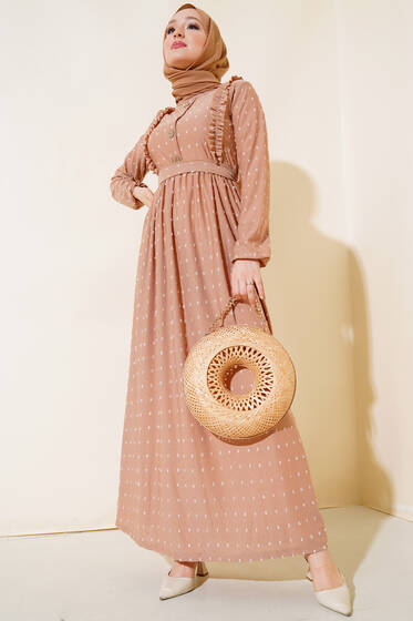 Ponpon Desenli Camel Elbise - Tesettür Elbise
