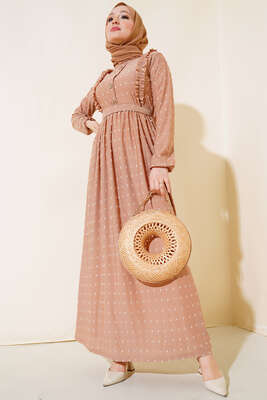 Ponpon Desenli Camel Elbise - Yılın Fırsatı