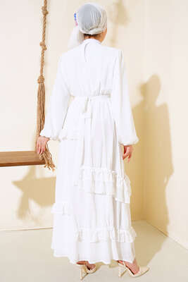 Ponpon Detaylı Elbise Beyaz - Thumbnail