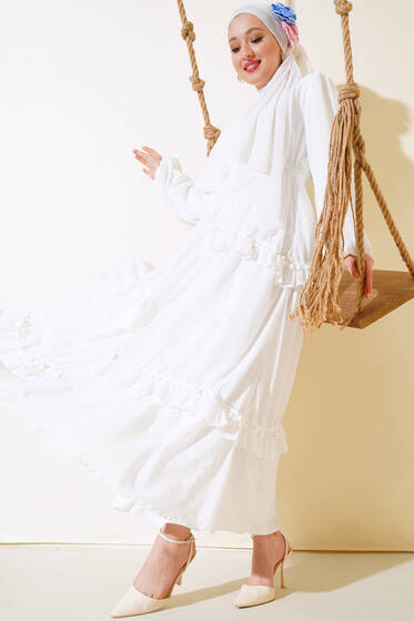 Ponpon Detaylı Elbise Beyaz - Tesettür Elbise