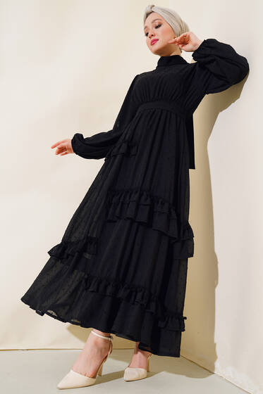 Ponpon Detaylı Elbise Siyah - Tesettür Elbise