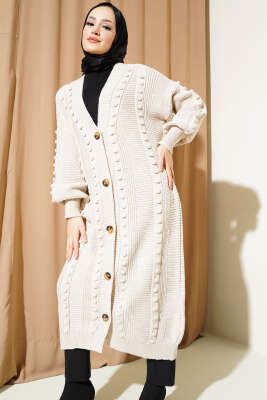 Ponponlu Düğmeli Uzun Triko Hırka Bej 