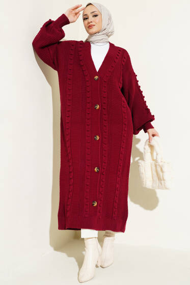 Ponponlu Düğmeli Uzun Triko Hırka Bordo - Hırka
