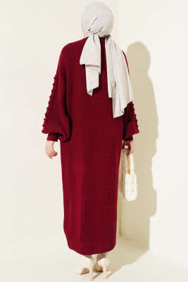 Ponponlu Düğmeli Uzun Triko Hırka Bordo - Triko Hırka