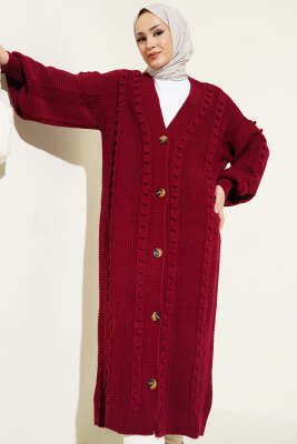 Ponponlu Düğmeli Uzun Triko Hırka Bordo - Triko Hırka