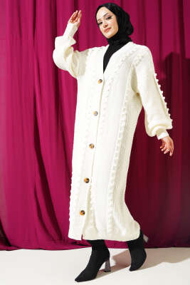 Ponponlu Düğmeli Uzun Triko Hırka Ekru 