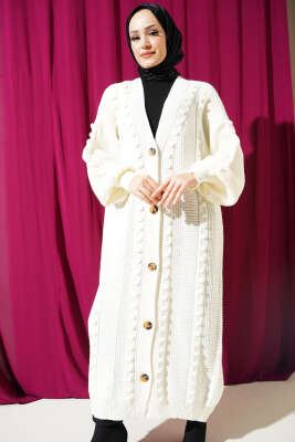 Ponponlu Düğmeli Uzun Triko Hırka Ekru - Triko Hırka