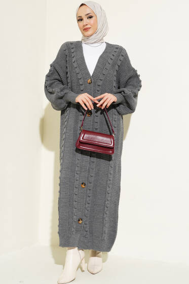 Ponponlu Düğmeli Uzun Triko Hırka Füme - Hırka