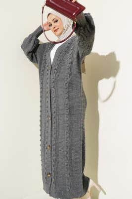 Ponponlu Düğmeli Uzun Triko Hırka Füme - Triko Hırka