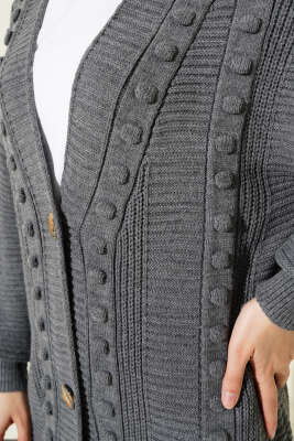 Ponponlu Düğmeli Uzun Triko Hırka Füme - Triko Hırka