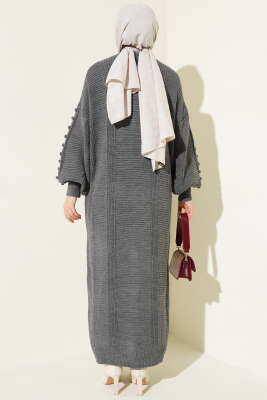 Ponponlu Düğmeli Uzun Triko Hırka Füme - Triko Hırka