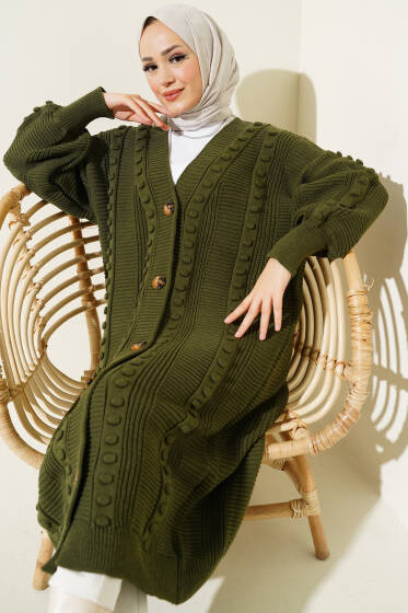 Ponponlu Düğmeli Uzun Triko Hırka Haki - Hırka