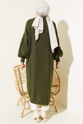 Ponponlu Düğmeli Uzun Triko Hırka Haki - Triko Hırka