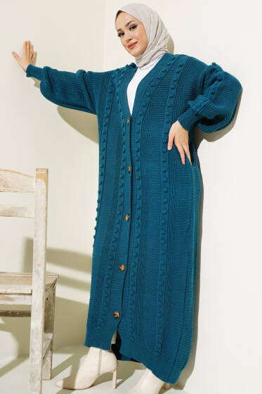 Ponponlu Düğmeli Uzun Triko Hırka Petrol - Hırka