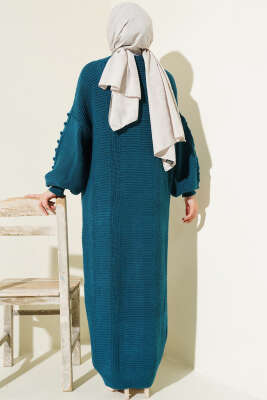 Ponponlu Düğmeli Uzun Triko Hırka Petrol - Triko Hırka