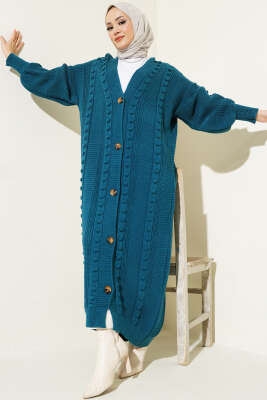 Ponponlu Düğmeli Uzun Triko Hırka Petrol - Triko Hırka