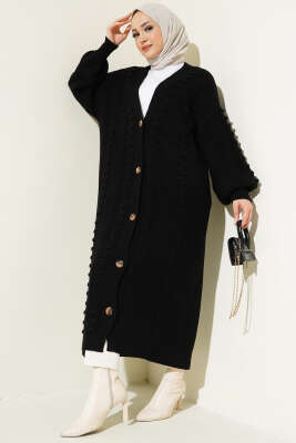 Ponponlu Düğmeli Uzun Triko Hırka Siyah 