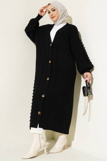 Ponponlu Düğmeli Uzun Triko Hırka Siyah - Triko Hırka