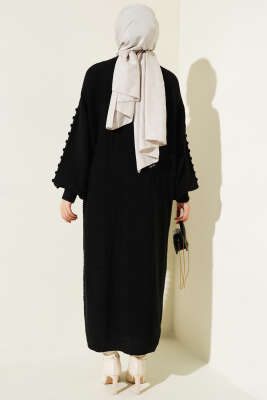 Ponponlu Düğmeli Uzun Triko Hırka Siyah - Triko Hırka