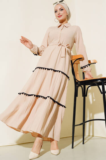 Ponponlu Elbise Bej - Tesettür Elbise